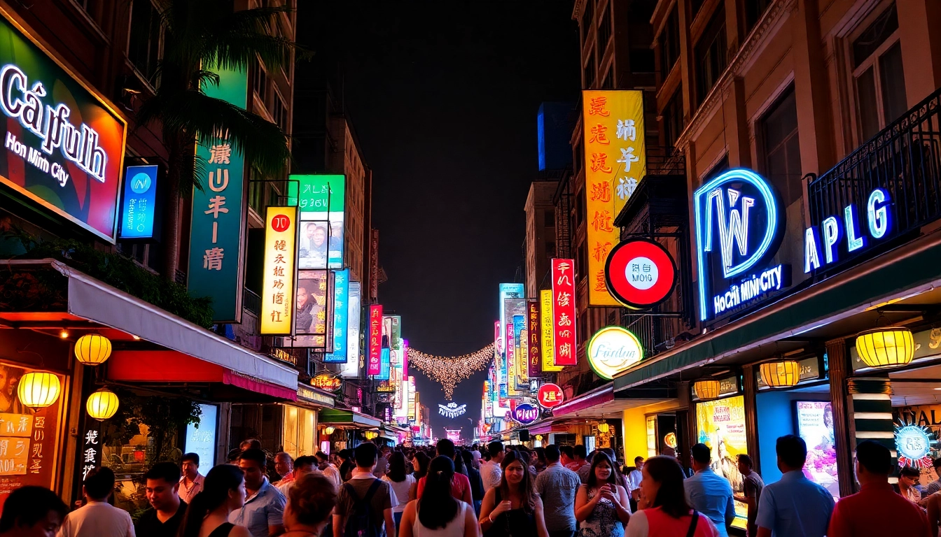 Experience the vibrant nightlife of 호치민 황제투어 with illuminated streets and lively crowds.