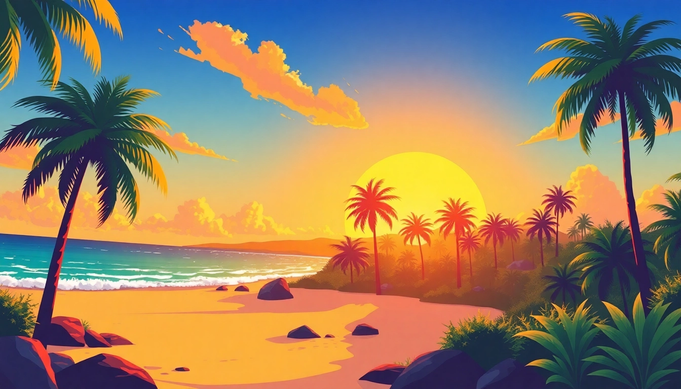 Experience adventure with tropemprzygod.pl showcasing a stunning tropical sunset over a picturesque beach.