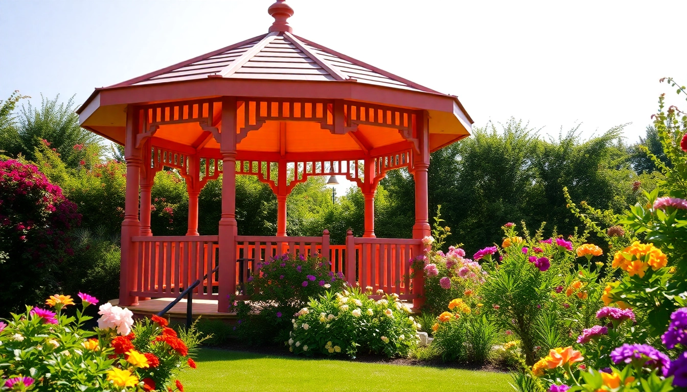 Showcasing a gazebo in Ireland surrounded by colorful flowers and greenery, perfect for outdoor gatherings.