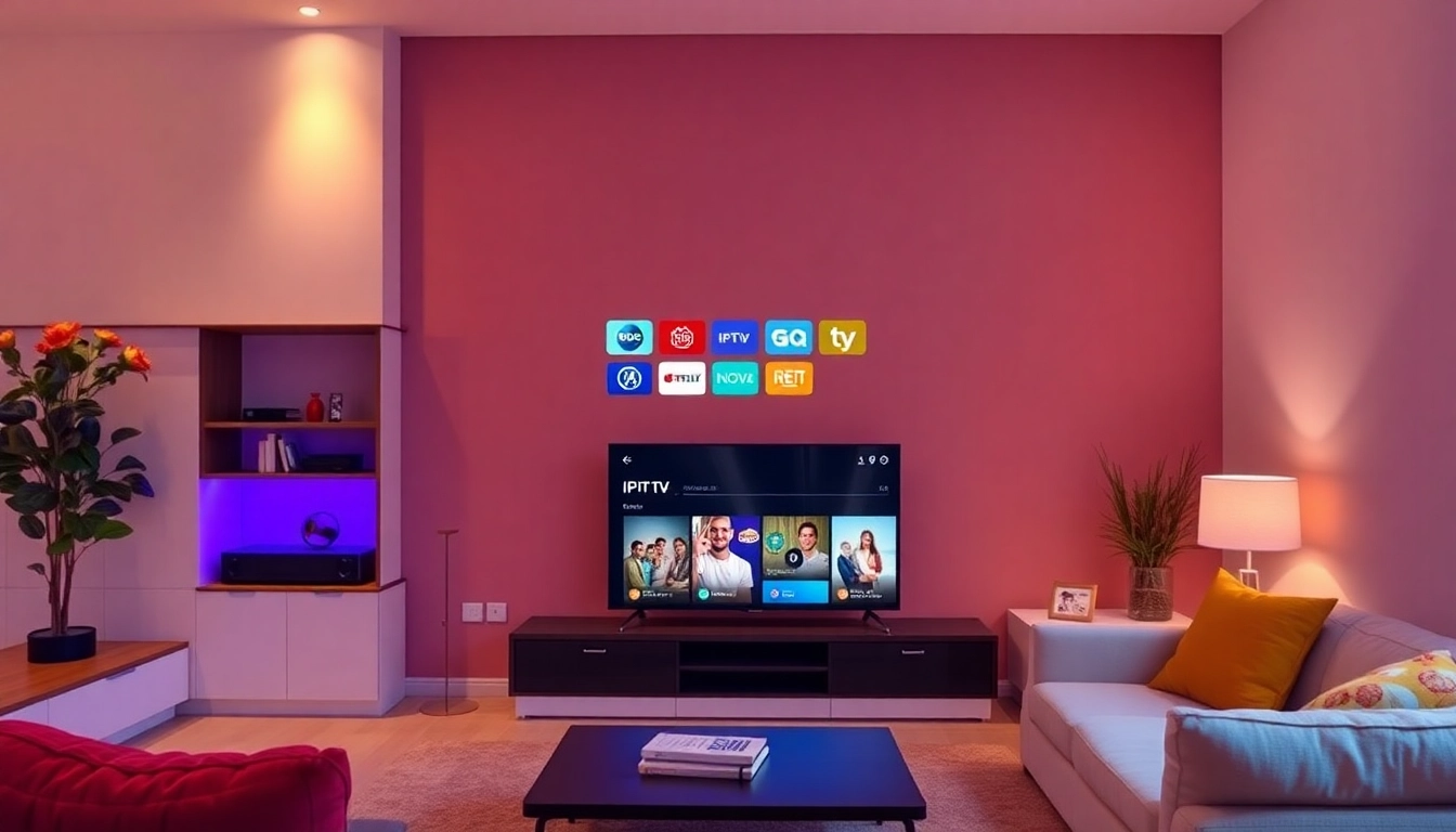 Engage with abonnement iptv through a modern living room setup featuring a smart TV streaming various channels.