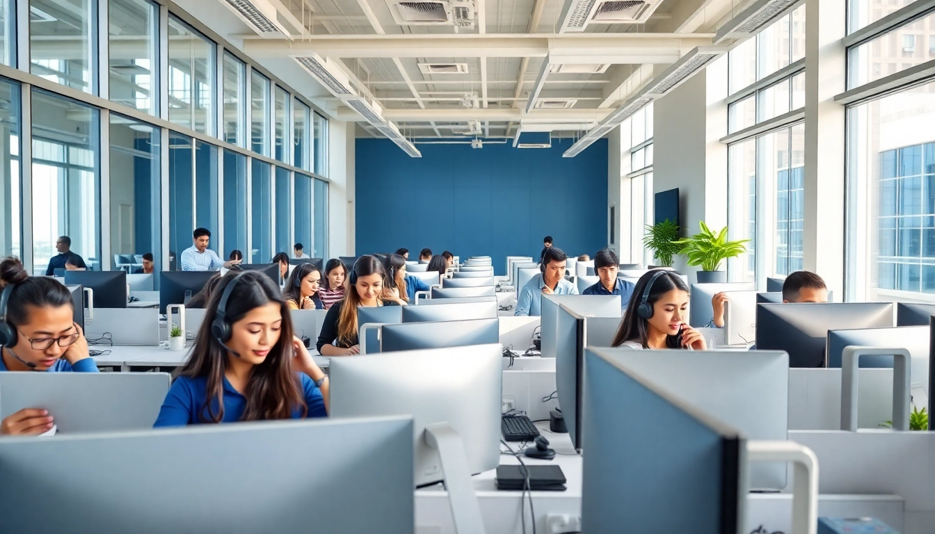 Agents working efficiently in a call center in Tijuana, showcasing a modern and collaborative workspace.