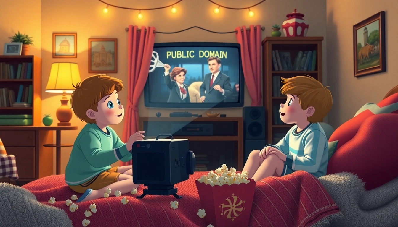 Children enjoy public domain movies for kids in a cozy living room setting with popcorn.