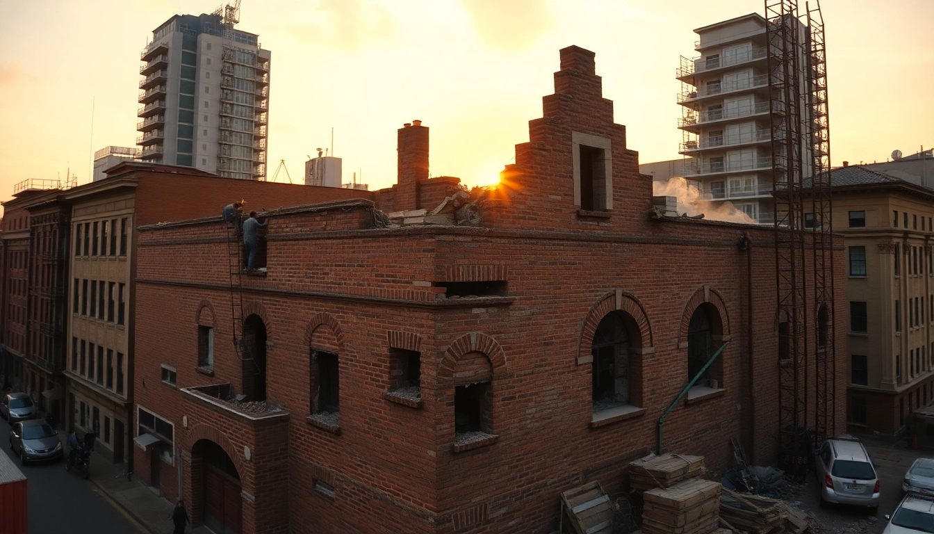 Workers performing facade removal on a historic building showing exposed brick and tools in action.