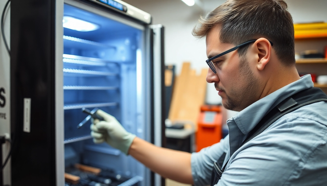 Detail of a technician performing soda cooler repair, surrounded by tools and cooling parts in a workshop setting.