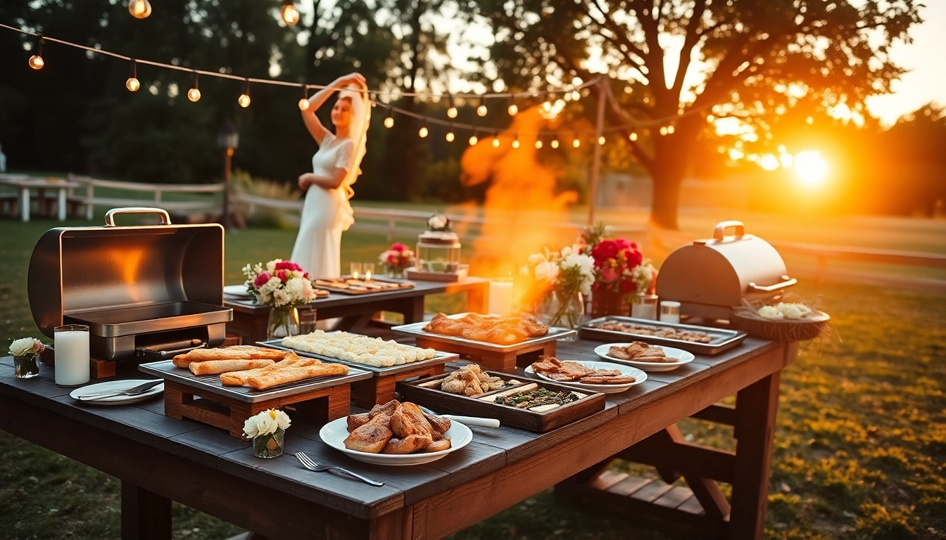 Hochzeit Grill Catering für Berlin featuring a stunning BBQ buffet set up amidst floral decorations, perfect for celebrations.