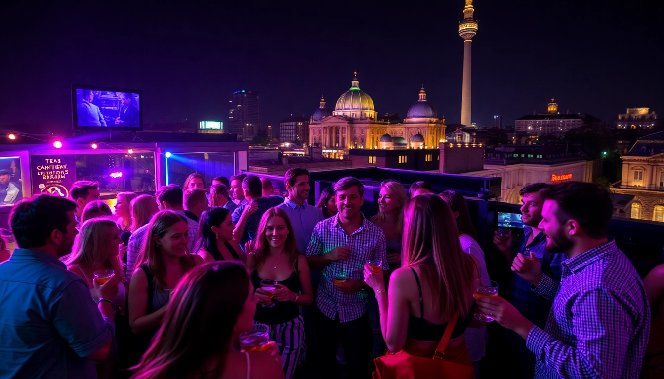 People celebrating Unique Berlin Events at a lively after-work party with cocktails on a rooftop.