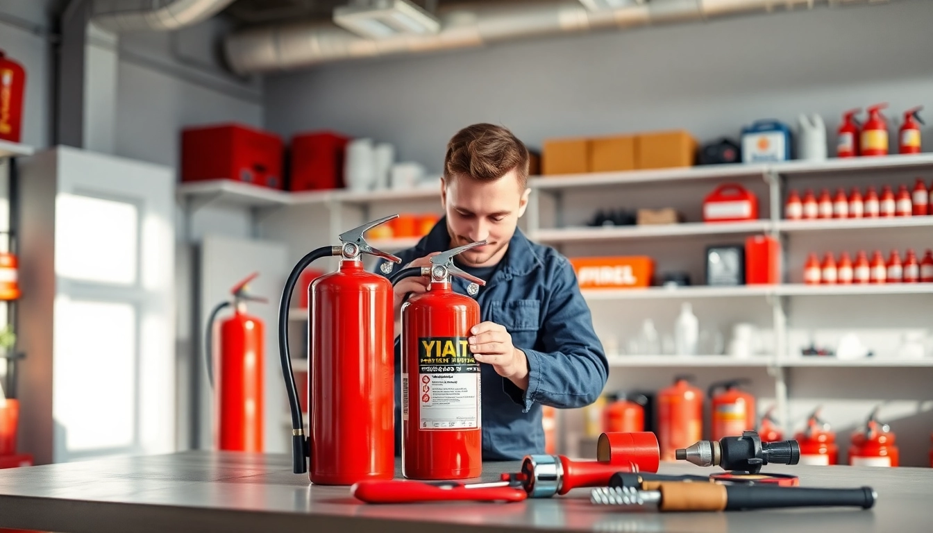 Fire extinguisher servicing Lichfield professionals maintaining fire extinguishers in a commercial setting.