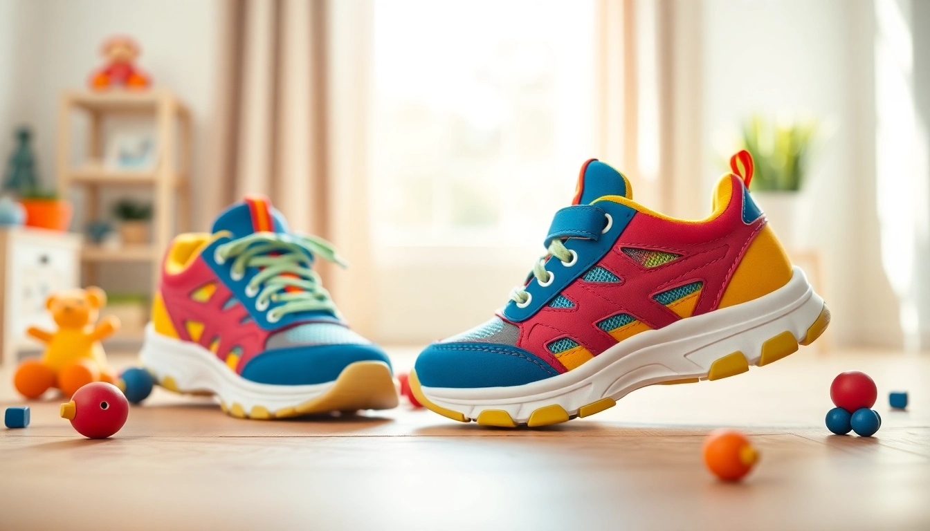 Bequeme atmungsaktive Kinderschuhe in bunten Farben auf einem Holzuntergrund, ideal für aktive Kinder.