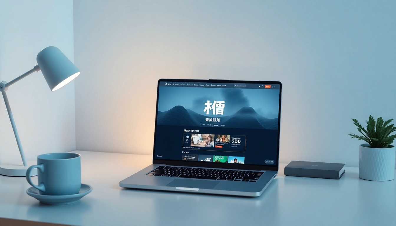 View the 美洽官网 homepage on a sleek laptop in a modern workspace, showcasing a productive environment.