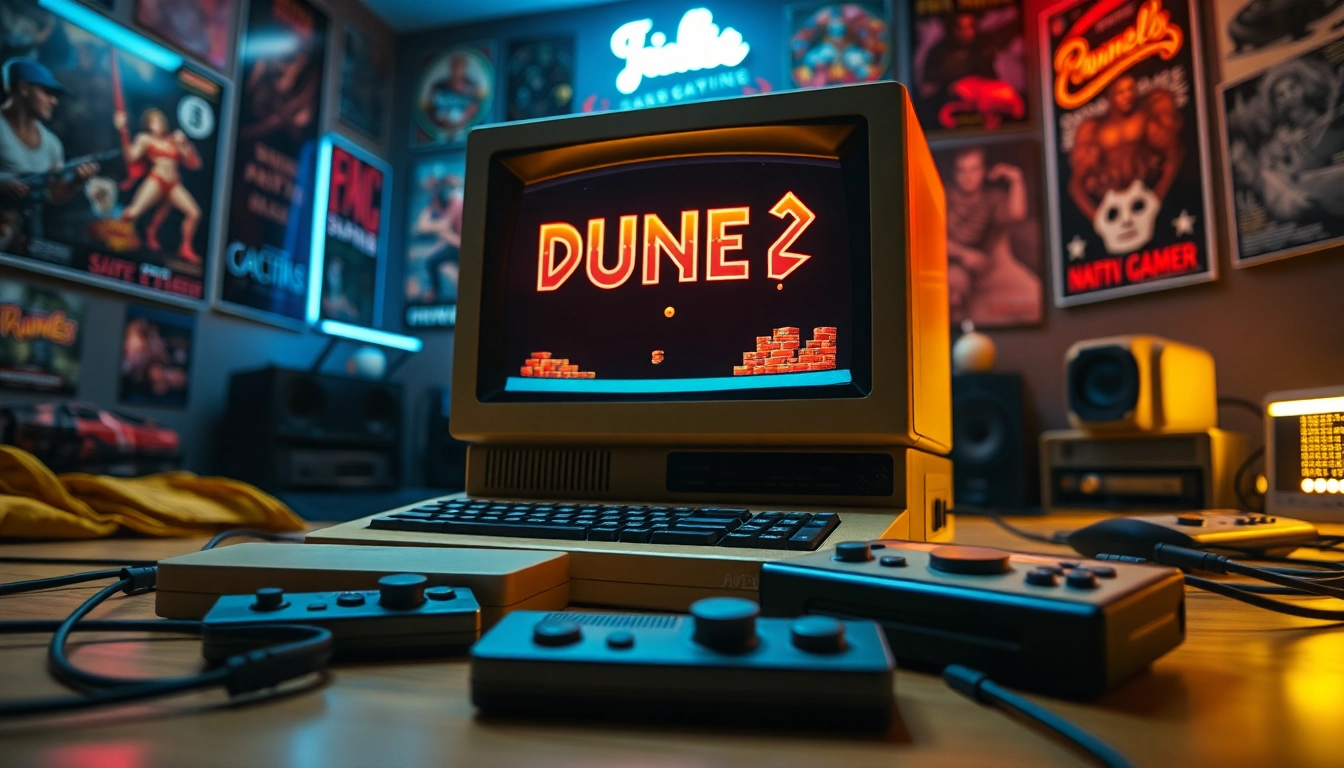 Enjoy the classic Dune 2 download with a retro gaming setup featuring vibrant nostalgia.