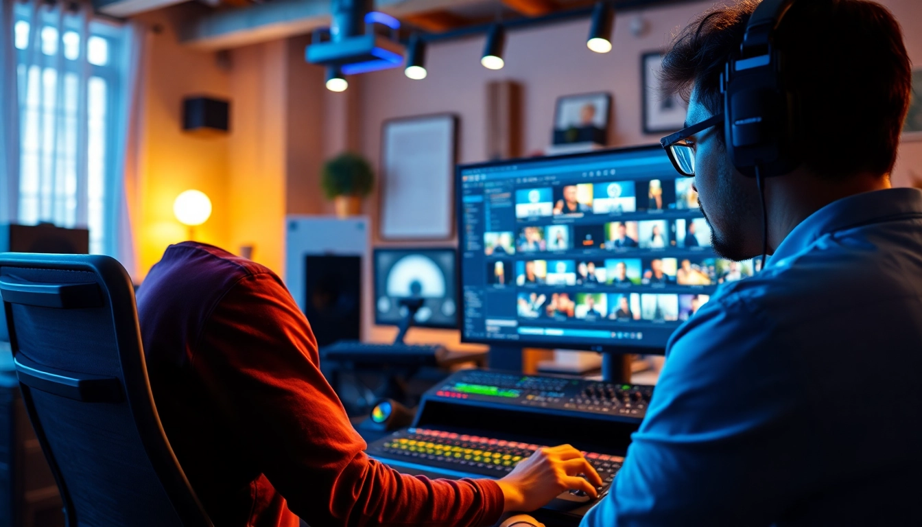 Editing & Post-Production in a professional video editing studio with advanced equipment and vibrant colors.