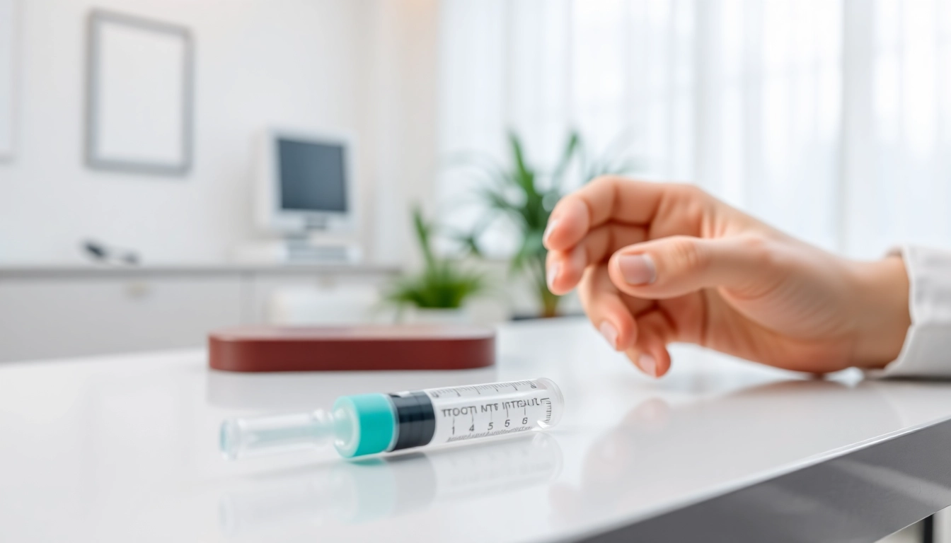 Administering Injectable Weight Loss medication in a clean, modern medical setting with a health professional's hand.