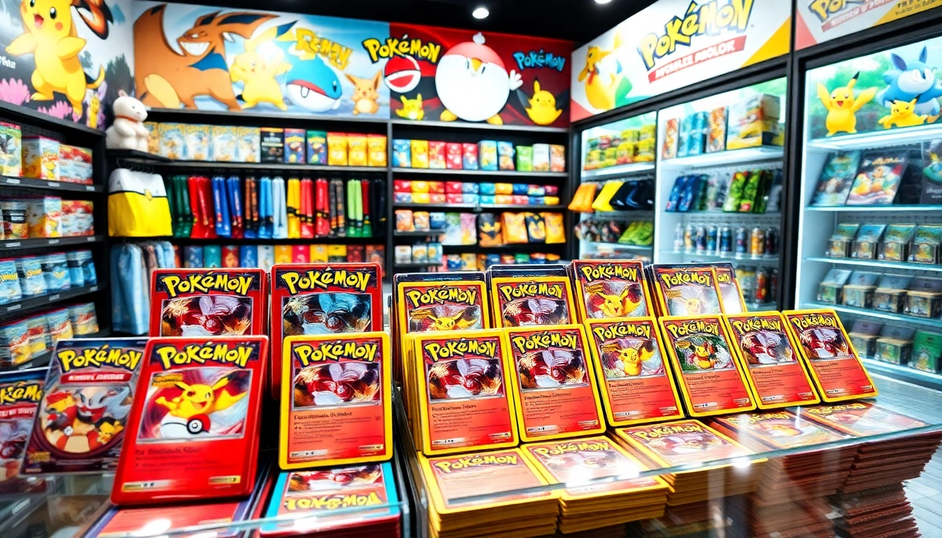 Showcase of real pokemon cards in India at a retail store, with booster packs prominently featured.