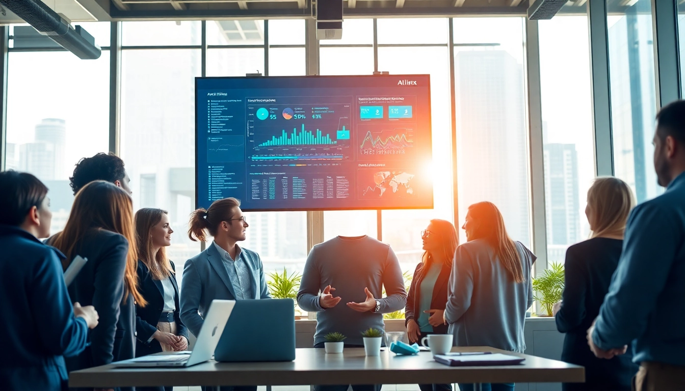 Analyze competitive intelligence using AI in a detailed office setting with professionals collaborating.