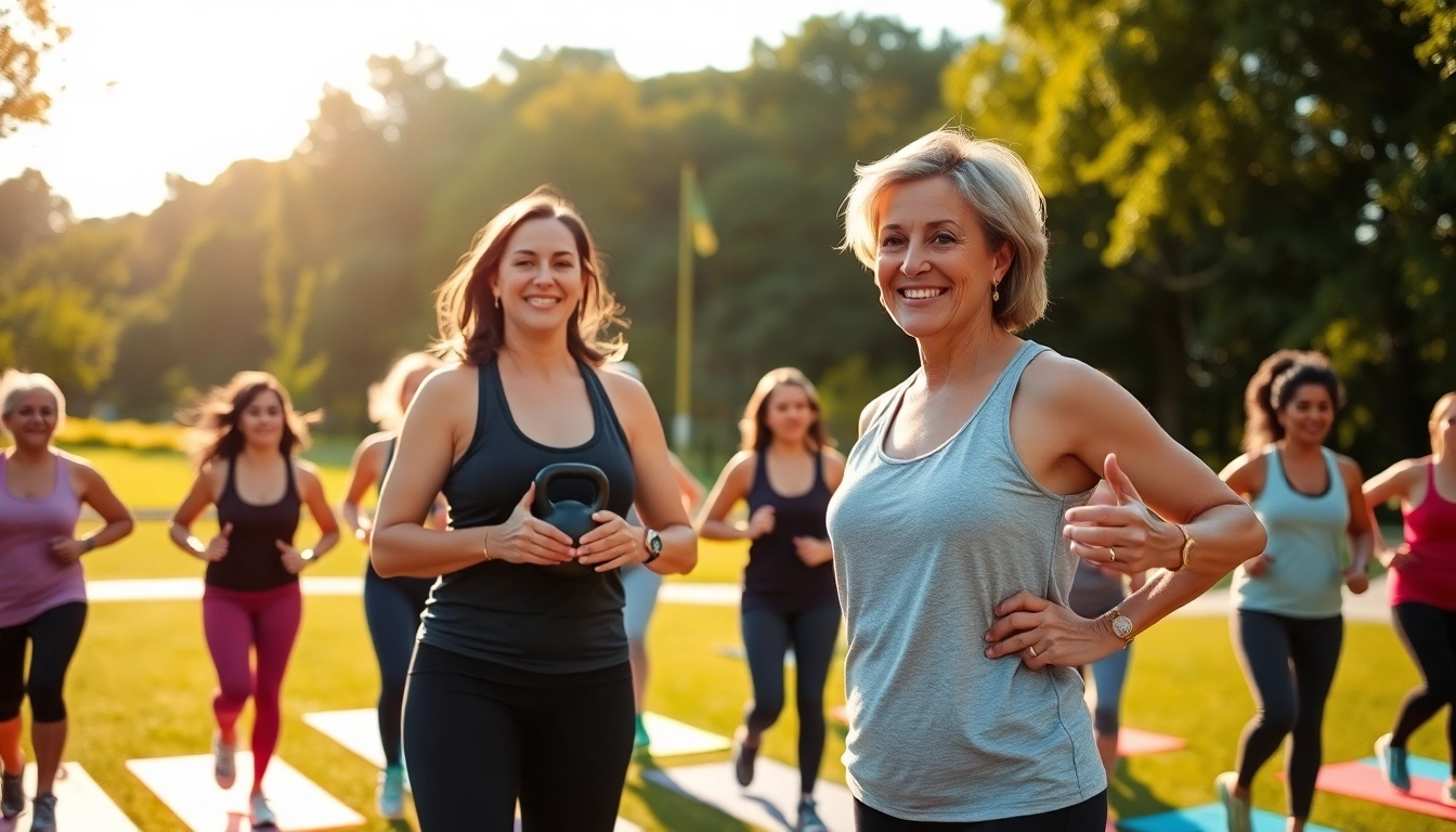 Engaging scene of a fitness coach leading the best weight loss program in a vibrant outdoor setting.