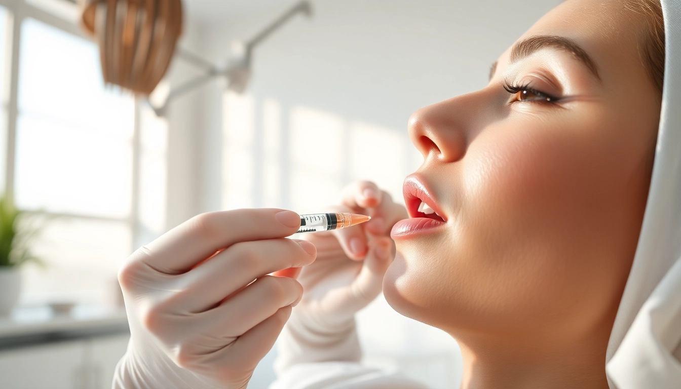 Administering lip filler in a tranquil clinic setting with soft lighting.