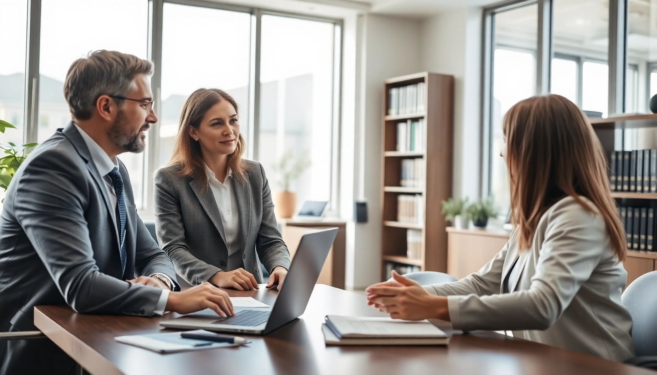 Engaging real estate lawyer assisting clients in a bright office environment.
