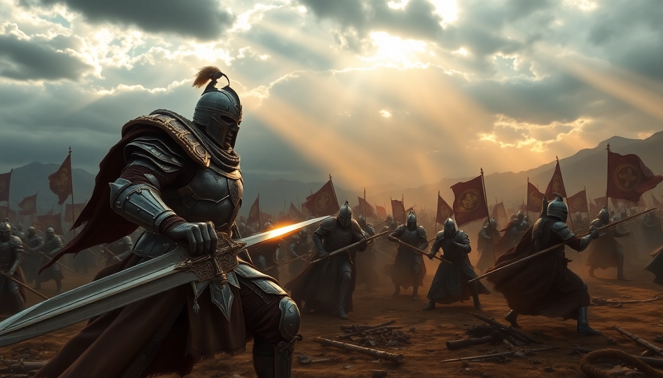 Warlords engaged in an epic battle with a fierce commander leading the charge under dramatic skies.