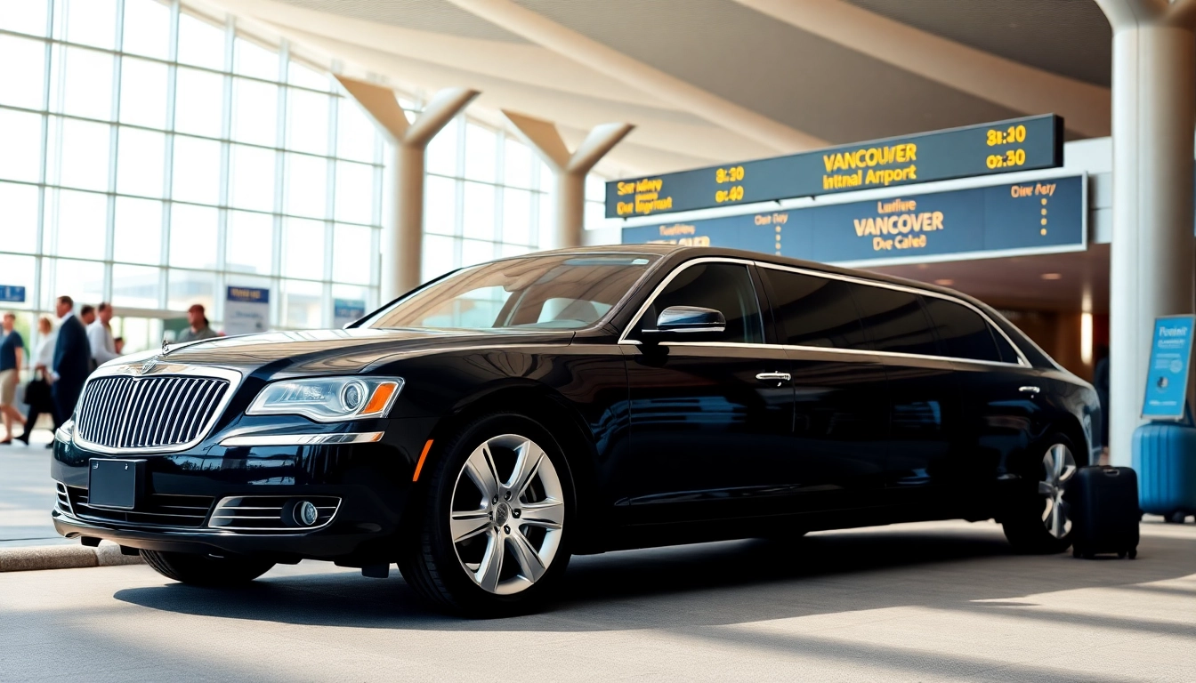 Limo Vancouver airport parked at YVR with travelers and modern terminal in the background.