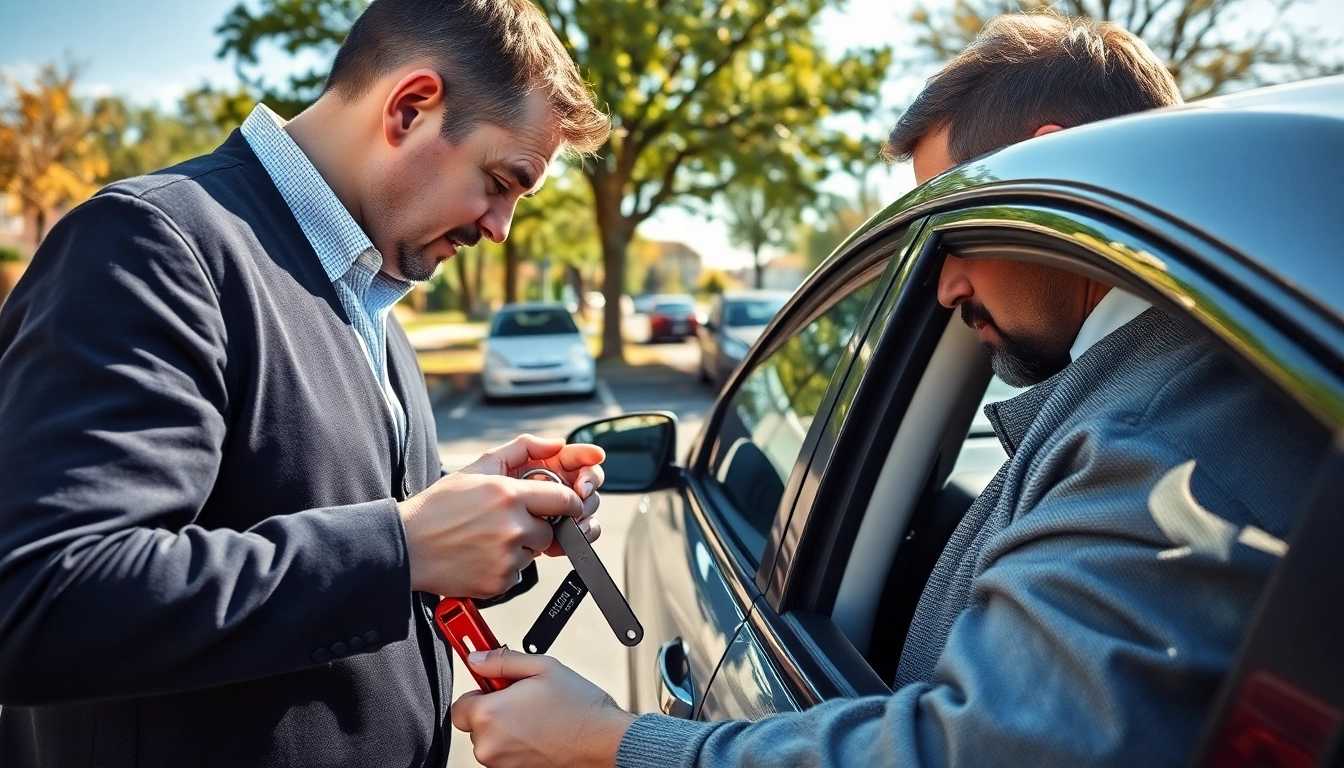 Professional locksmith helps with Keys Locked in Car using tools in a bright, outdoor setting.